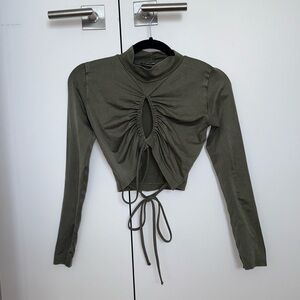 Zara Olive Green Ruched Keyhole Long Sleeve Crop Top